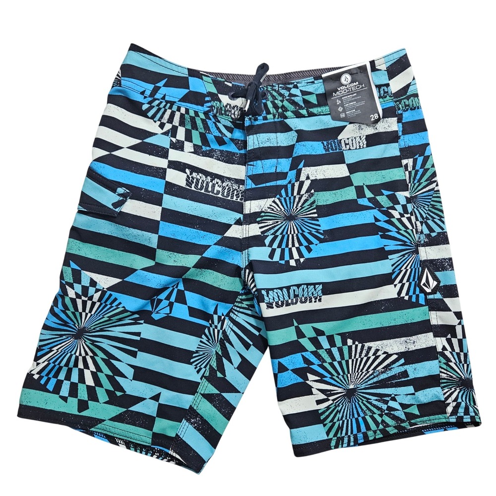 Volcom Mod-Tech Board Shorts Mens 28 Mod Stone Stripe Blue Teal‎ C0812232 NEW